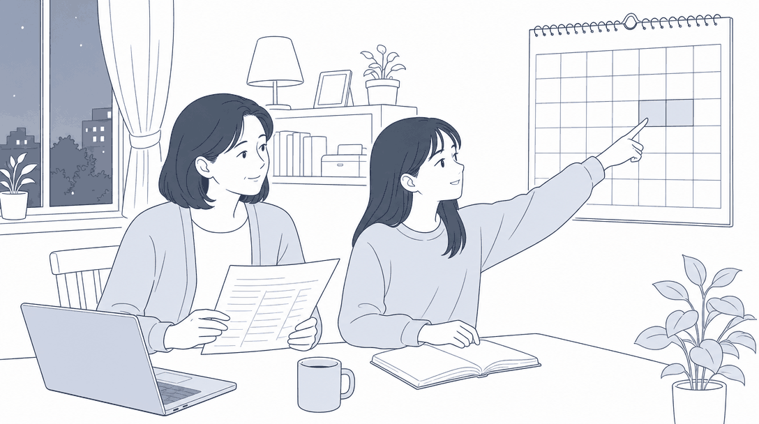 저녁 식탁에서 학생이 벽 달력의 같은 주말 두 칸을 짚고, 어머니가 면접 일정표를 들고 함께 보는 장면