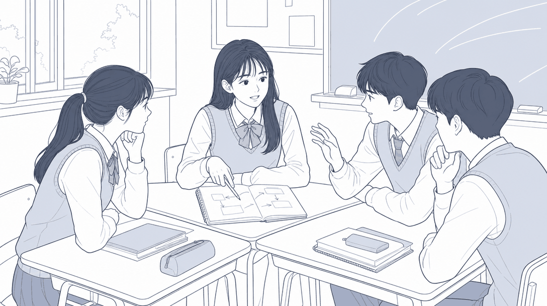 교실에서 모둠 토론 중 한 학생이 공책의 그림을 짚으며 자기 생각을 설명하고, 친구가 손을 들어 되묻는 장면