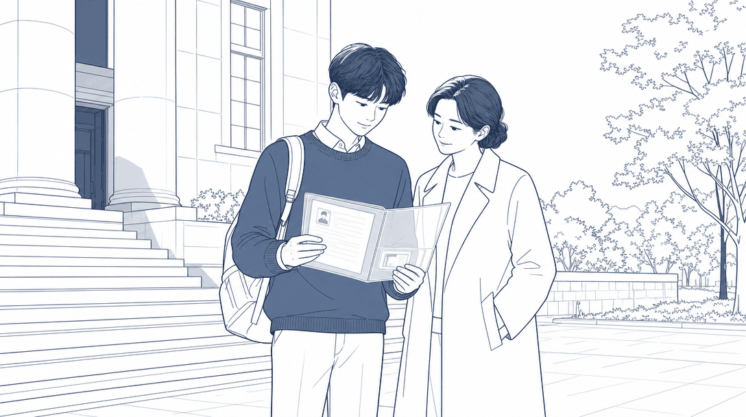 면접 날 아침 대학 건물 앞에서 학생이 학부모와 함께 투명 파일 속 수험표와 신분증을 확인하는 모습