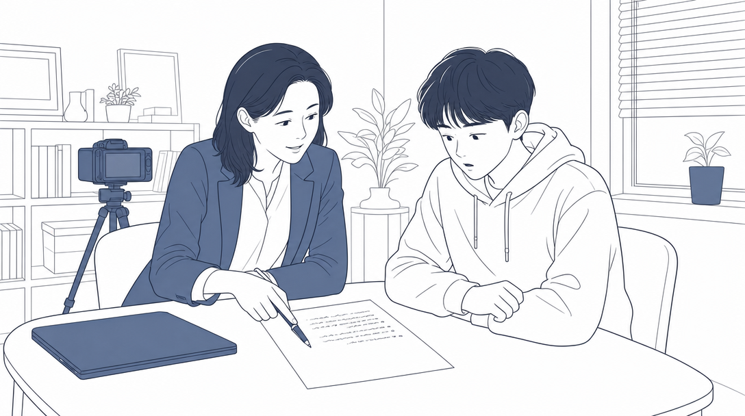 선생님과 학생이 준비 메모지를 같이 들여다보고, 선생님이 펜으로 메모지를 짚는 장면