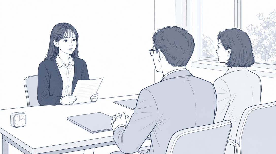 면접실에서 학생이 상황이 적힌 종이 한 장을 들고 고개를 들어, 마주 앉은 면접관 두 사람에게 답을 시작하는 장면