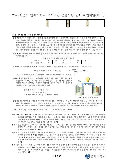 2022학년도 연세대학교 수시 논술전형 자연 화학 표지