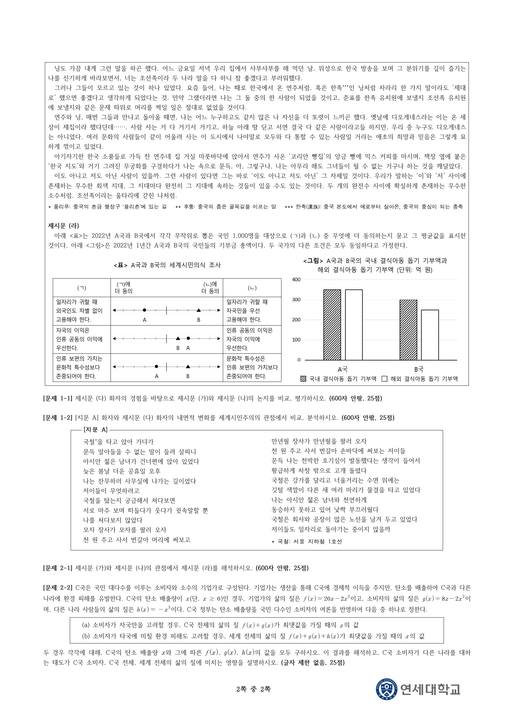 2024학년도 연세대학교 수시 논술전형 인문 2쪽
